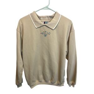 Bold Spirit Vintage 90s Collared Sweatshirt Taupe Floral Embroidered Top